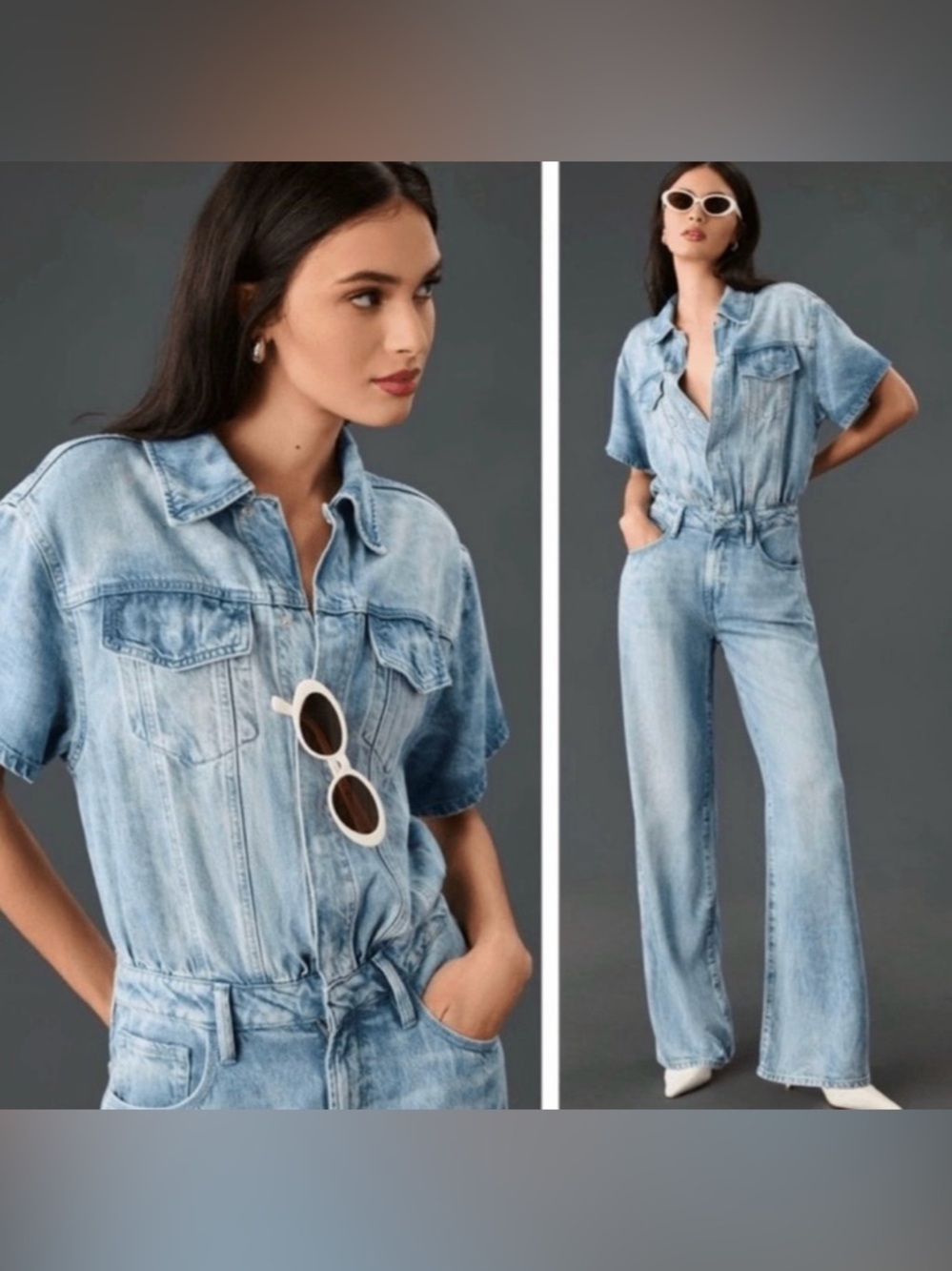 Good American Weightless Denim Wide Leg Jumpsuit - Large - Light Blue Indigo